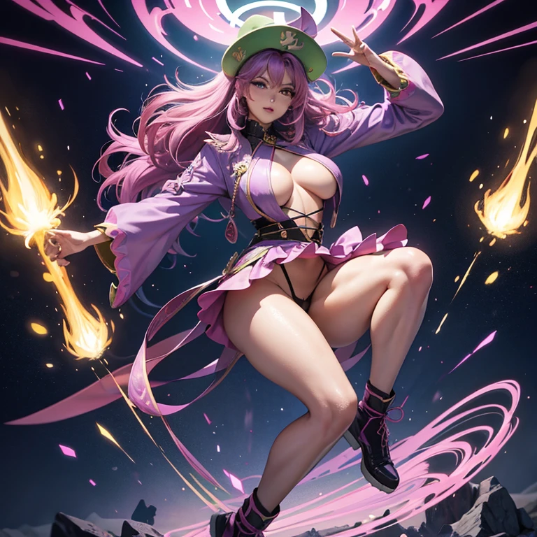Lifting up a purple, pink, green-haired woman with legs apart and an extremely large bust, ein Bein hoch, von hinten; beugt sich nach vorn, the upper body between the legs backwards, holding his hips, ein Bein hinter den Kopf gewinkelt, Body must not be out of the picture, (Full body shot:1.3), 16k,
