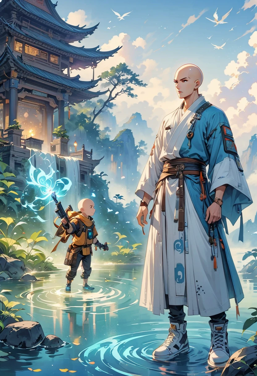 ((imagine)),((whole body)),(bald:1.5),((Aang)),《Incarnation superpowers:the last airbender》, Wearing luxurious robes,Robot arms and legs,手持电动步枪的cyberpunk僧侣,Standing by the lake,White sockechanical ceramic shoes ,in the style of futuristic,cyberpunk,high detail