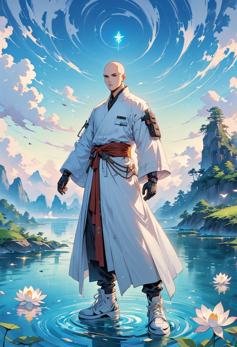 ((imagine))，((whole body))，(bald:1.5)，((Aang))，《Incarnation superpowers：the last airbender》, Wearing luxurious robes，Robot arms and legs，手持电动步枪的cyberpunk僧侣，Standing by the lake，White sockechanical ceramic shoes ，in the style of futuristic，cyberpunk，high detail