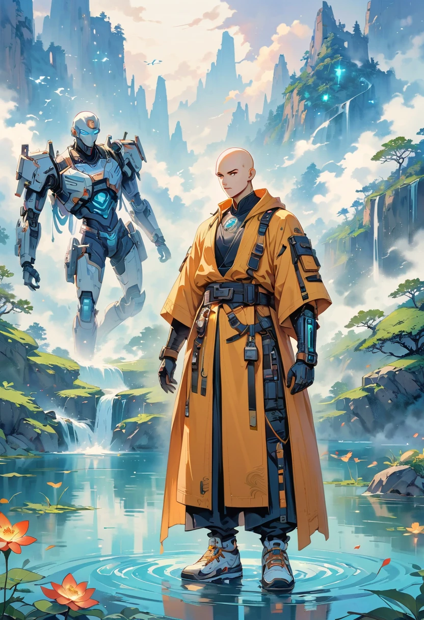 ((imagine))，((whole body))，(bald:1.5)，((Aang))，《Incarnation superpowers：the last airbender》, Wearing luxurious robes，Robot arms and legs，手持电动步枪的cyberpunk僧侣，Standing by the lake，White sockechanical ceramic shoes ，in the style of futuristic，cyberpunk，high detail