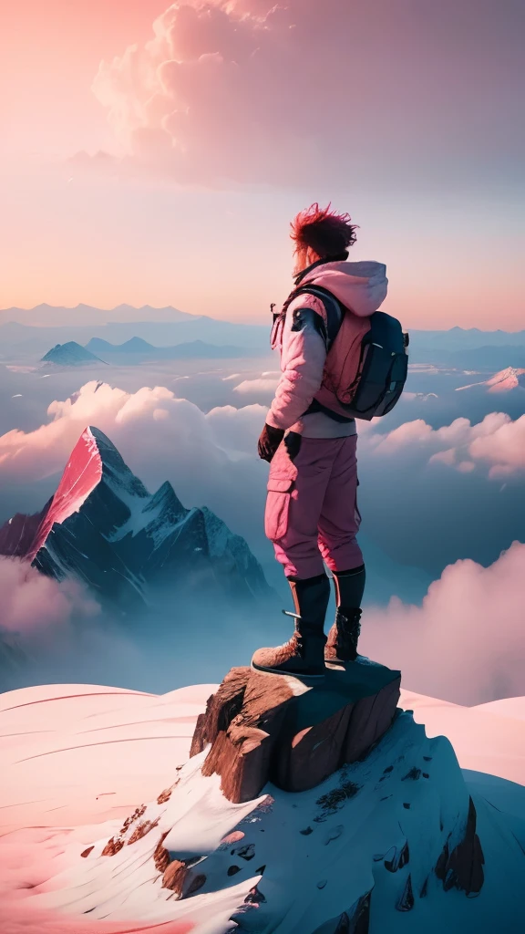 "Create an awe-inspiring image capturing a young man standing triumphantly atop a towering mountain peak, enveloped in a breathtaking vista of swirling white and pink clouds. Let the scene evoke a sense of serenity, adventure, and the boundless beauty of nature."
