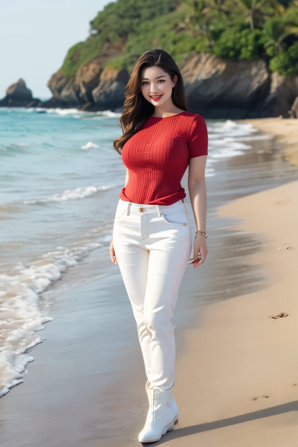 Draw lips correctly, red lipstick, from chest up, best quality, Super detailed, lifelike, Super fine skin, perfect anatomy, (1 日本Mature的女人), (alone),Wearing a red long round neck sweater dress,short sleeves,white jeans、trousers,white boots,wavy long hair,37-year-old female,Mature,charming smile,beach background,stand,Leg length,Chubby body,Big breasts,stand up,full-body shot