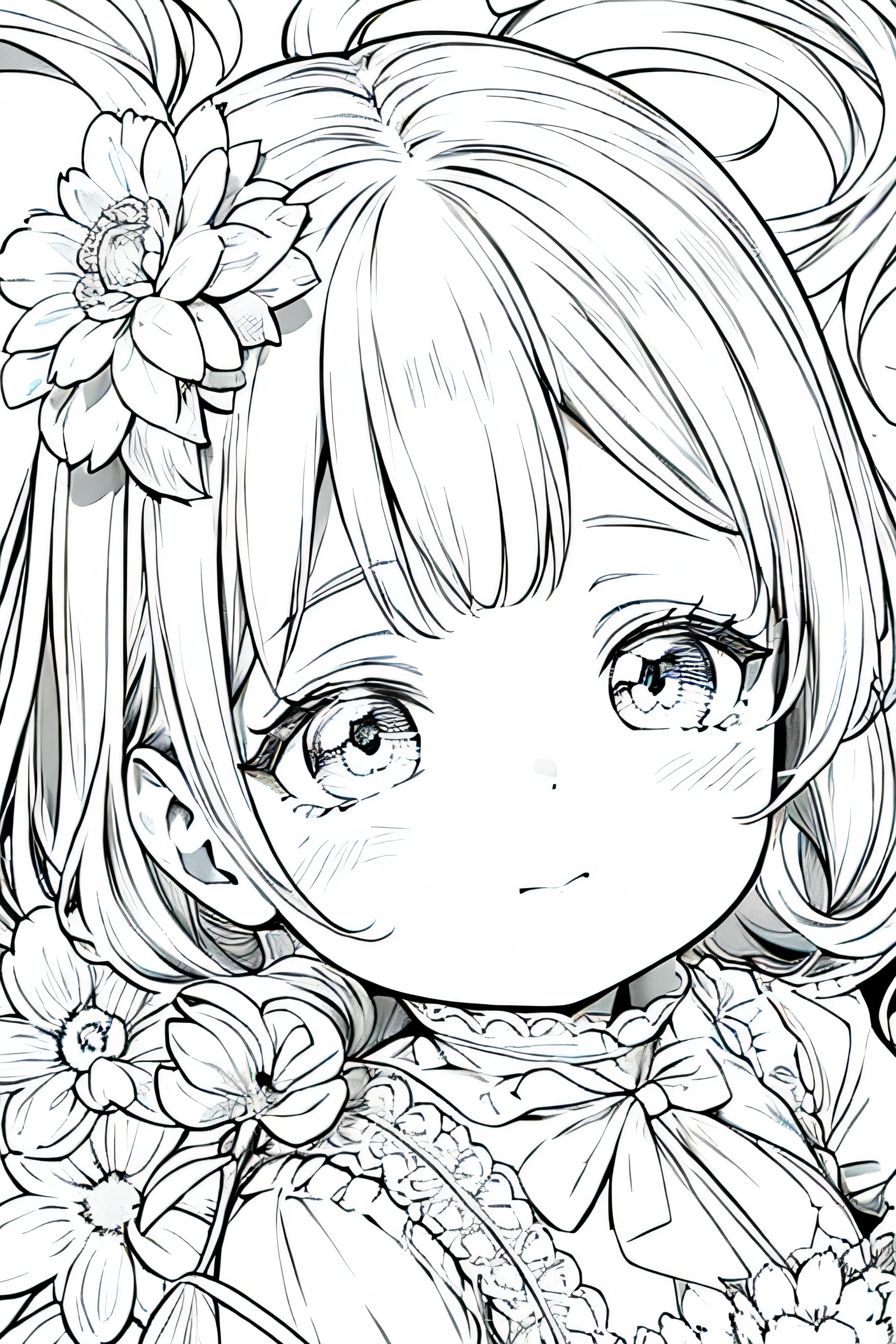 Detail face, ((Perfect details)), Cold light, ((Data in eyes)), ((Data embellishment hair)), Line drawing, Monochrome, Line drawing cute baby, white hair, flower line drawing background