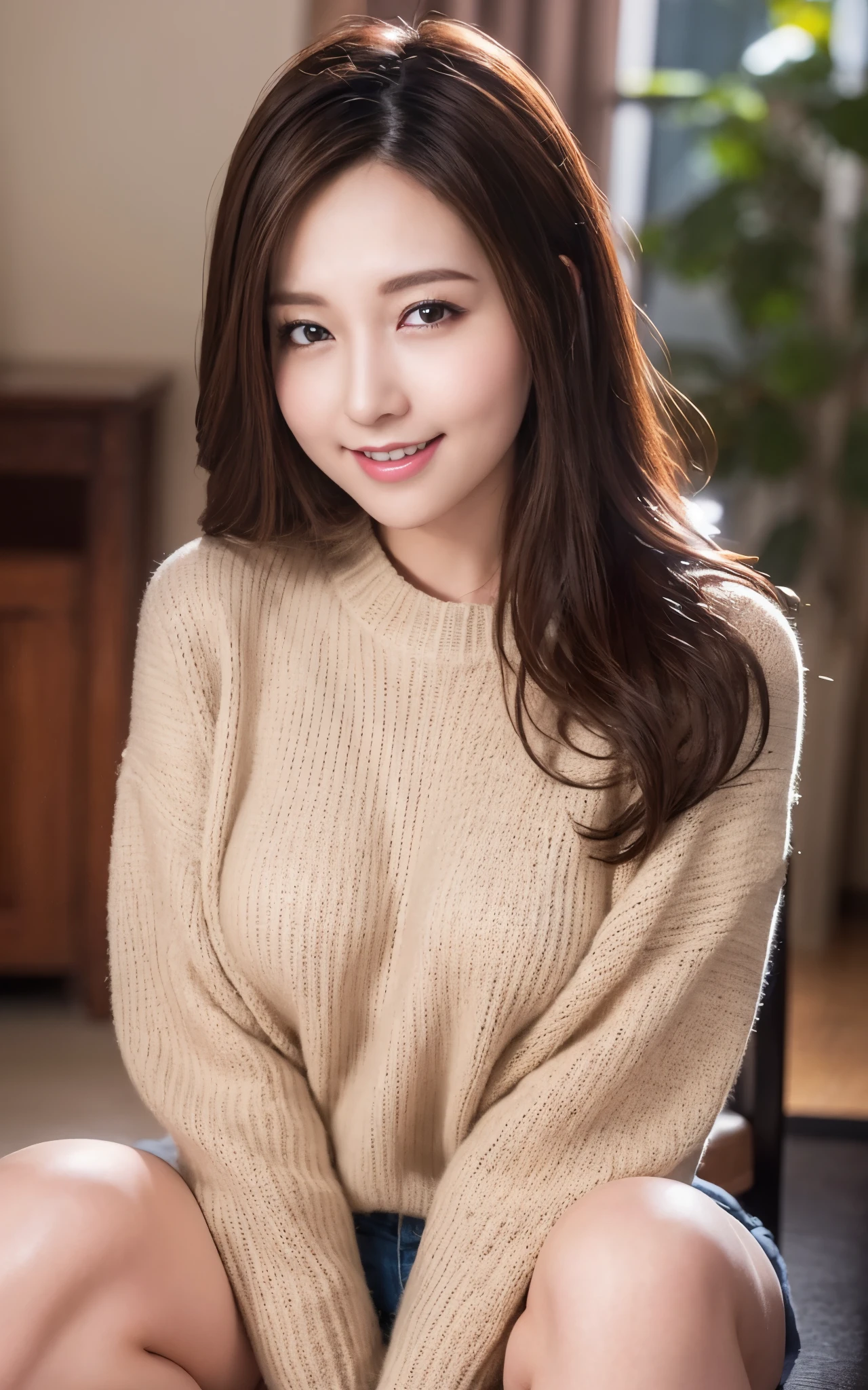 Highly detailed CG Unity 8k wallpaper, top quality, super detailed, masterpiece, realistic, photo realistic, (full body:1.2), very detailed cute girl, ((Sitting)), 25 years old, big breasts, wearing only oversize fluffy sweater, (forehead, long hair), soft lighting, wind, shiny skin, looking at viewer, smile, closed mouth,
