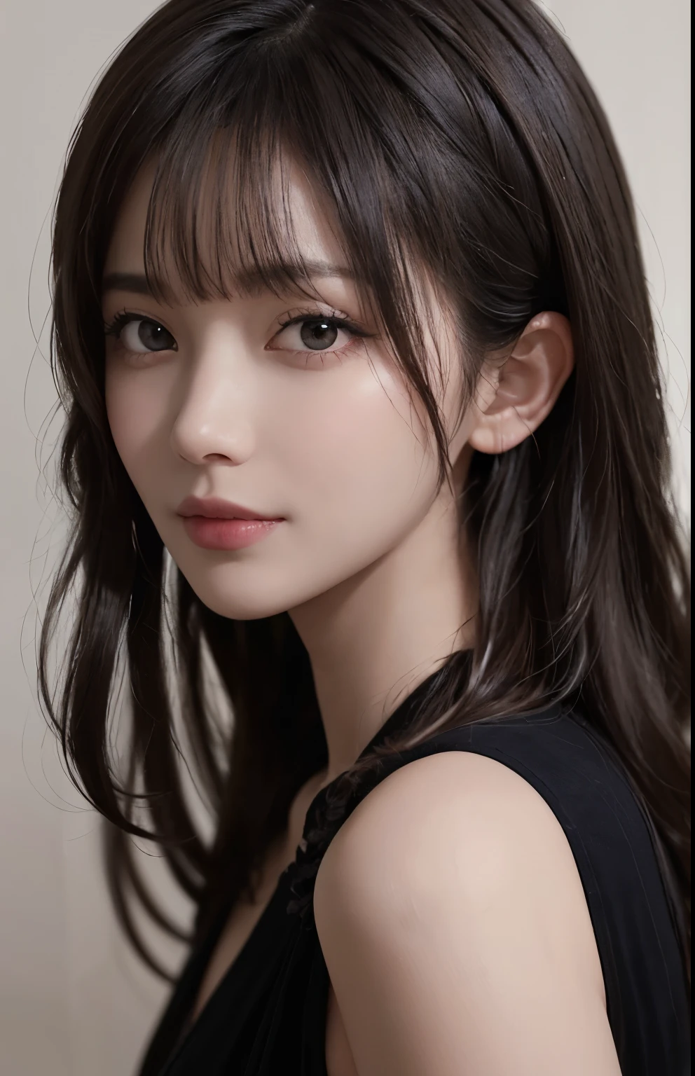 (surreal), (figure), (Improved resolution), (8K), (very detailed), (Best figure), (beautiful and detailed eyes), (highest quality), (super detailed), (masterpiece ), ( wallpaper), (detailed face), alone, 1 girl, looking at the viewer, small details, detailed face, in the dark, deep shadow, discreet key, Pure erotic face ace_V1, smile, long hair, black shawl straight hair , 46 point diagonal bangs