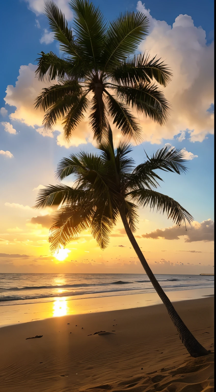 Palm tree、sun、sunset、sandy beach、hibiscus