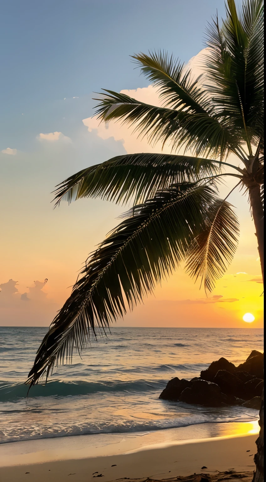 Palm tree、sun、sunset、sandy beach、hibiscus