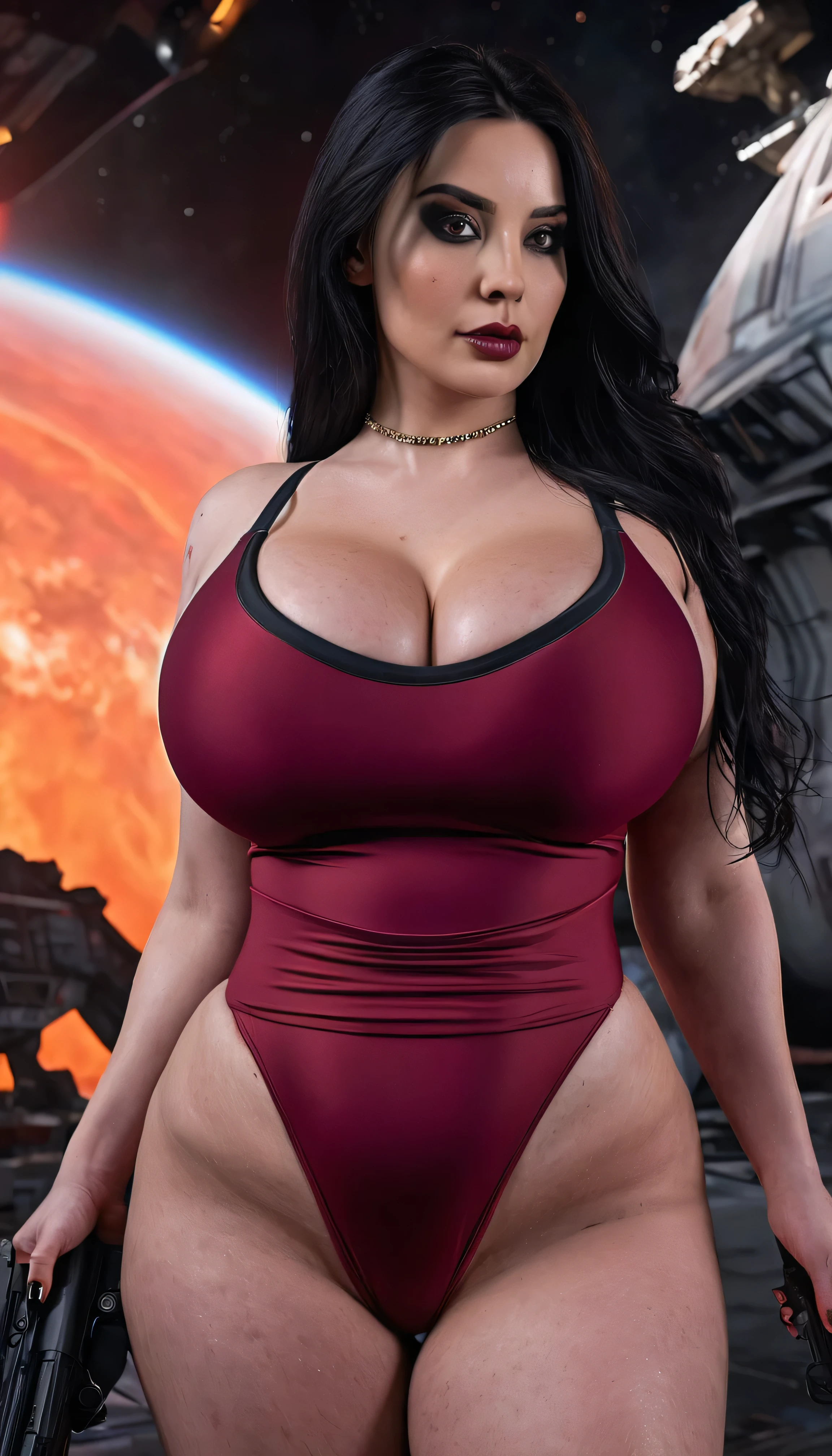 There's a woman with a gun in front of the spaceship., Ruined empire in the background, official character art, Zombies of Doom Eternal, heavenly planets on the background, pregnant woman, dark red leotard swimsuit, Mistress 40+,40 year old female, bbw, big abdomen, very big ass, very big breasts, wrinkles, selfie pose, not instagram, She is looking at the camera with long dark hair and dark black makeup, I have a tattoo, detailed pictures, realistic lighting, fine real skin: 1.4, Improved cinematic lighting: 0.9,surreal: 1.4, (soft lighting: 1.05) Looks busy, wrinkles, bully women, sexy control pose, Control, There are controllers who own slaves., dark red leotard swimsuit, bbw, big abdomen, very big ass, very big breasts, pregnant woman,