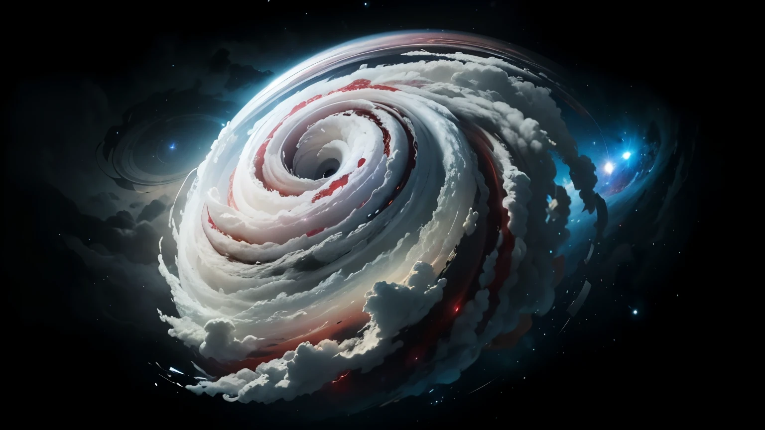 Add more ruby and red spiral arms of cloud bands and clouds to the cyclone, Diese erstrecken sich von der Mitte entlang der bestehenden Spirale und sind im Wirbelsturm sichtbar, realistische darstellung , hight resolution , viele details, Hohe Detailgenauigkeit, im Hintergrund des Zyklons ist nichts zu sehen auser reines schwarz, space, ghost tentacles, space, stars