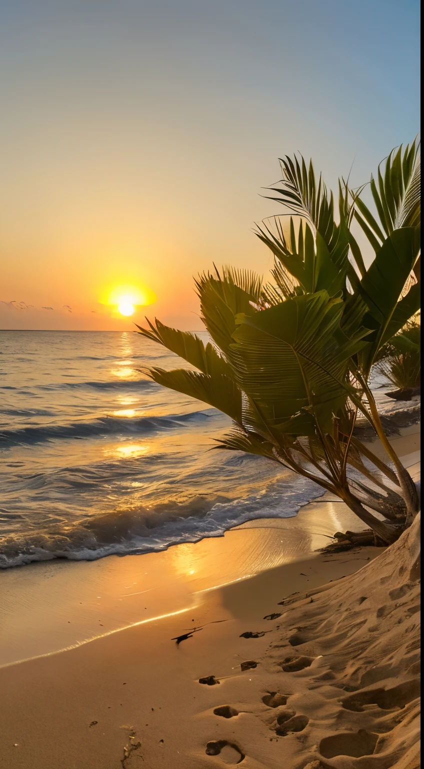 Palm tree、sun、sunset、sandy beach、hibiscus