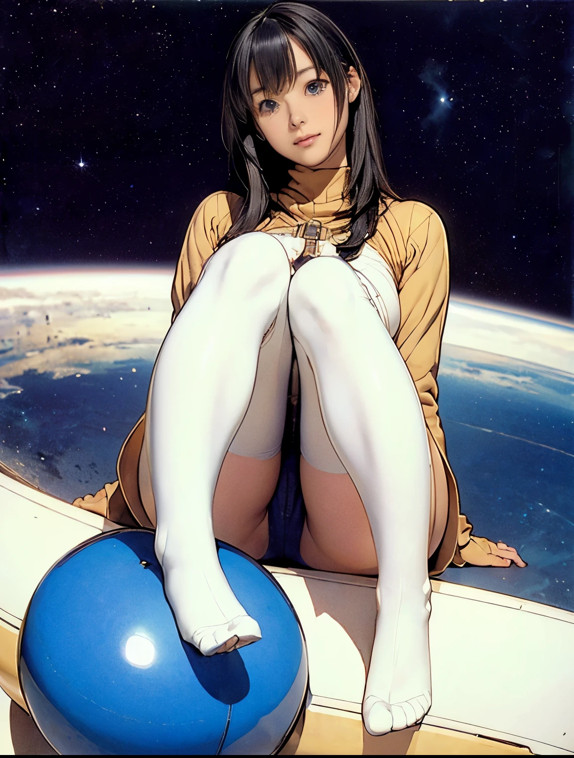 (masterpiece、best quality、Highest resolution、Clear_image、detailed details): (full body picture、15 year old girl、Japanese face、small face、thin、Navy blue super short bob、blue eyes、Blue and Black Shiny Aviator Suit、Armor that protects the chest、tight clothes、Clothes that cover the whole body、leggings、Very delicate and beautiful、hide thighs、hide your ass、Cute type、gentle smile、soft expression、earphone、knee high boots、Gloves come to elbow length、Shooting at eye level、face directly、woman on spaceship), (((camel toe))), ((Plain white tights))