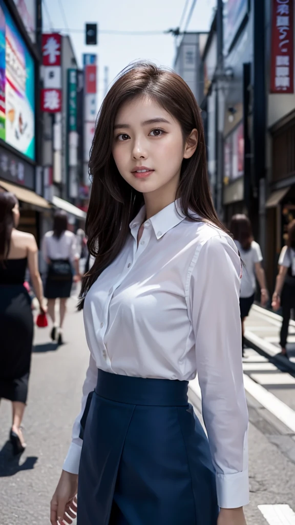 masterpiece, highest quality, 8K, photo reality, realistic, octane rendering, Lively streets of Japan (1 female: 1.4), (There&#39;s only one woman on the screen: 1.3), (white shirt), (long golden hair), (hip wrap skirt), (blue eyes) upper body display