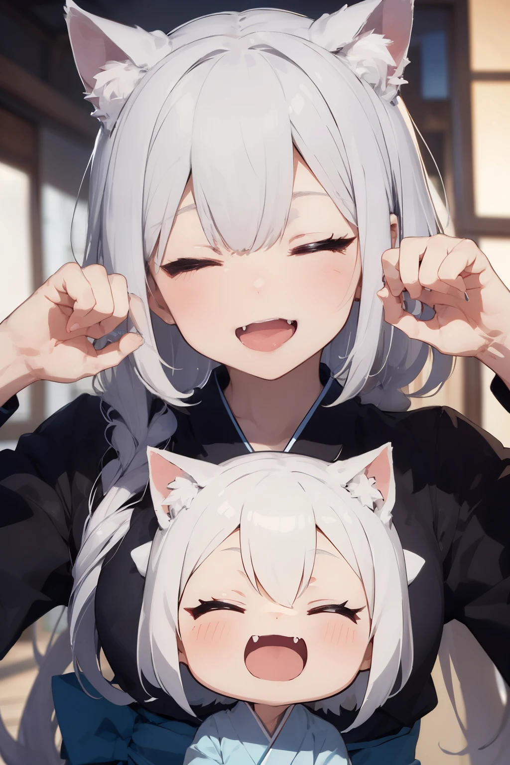 1girl, ((absudres)), long eyelashes, thick eyelashes, (detailed face), closed eyes, :p, :3, fangs, upper teeth,
(masterpiece), (best quality), ((ultra-detailed)), HDR, (absudres), high quality, looking at viewer, vignette, 1girl, cat ears, paw pose, open mouth, :3, closed eyes, smile, simple background, white hair, blue kimono, cute, chibi