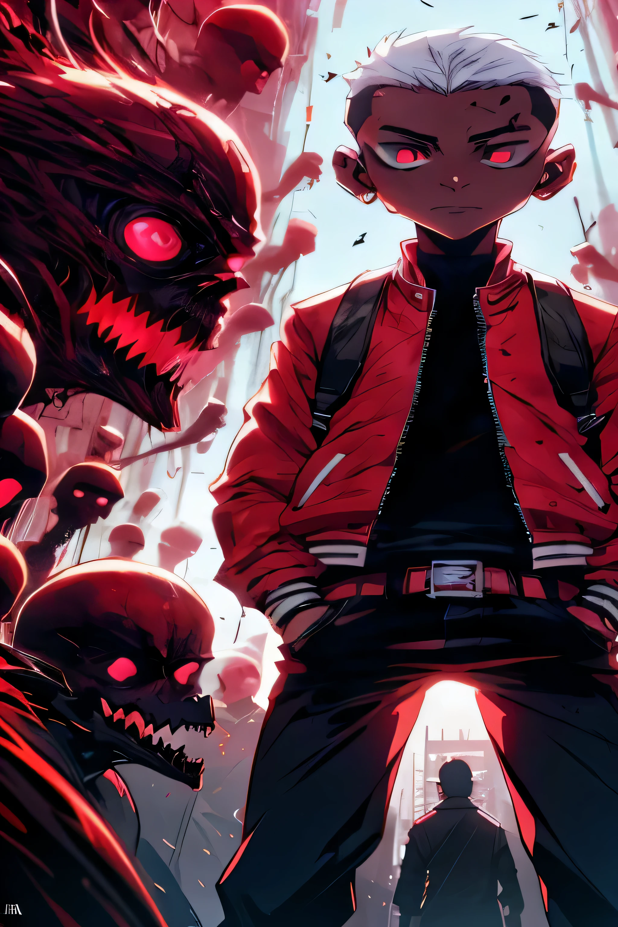 anime character with red eyes standing in a large group of zombies, badass anime 8 k, Papel de parede de arte anime 8 K, 4k manga wallpaper, melhor papel de parede de anime 4k konachan, estilo anime 4k, no estilo de akira, papel de parede de arte de anime 4k, papel de parede de arte de anime 4k, epic anime style, papel de parede de anime 4k, papel de parede de anime 4k