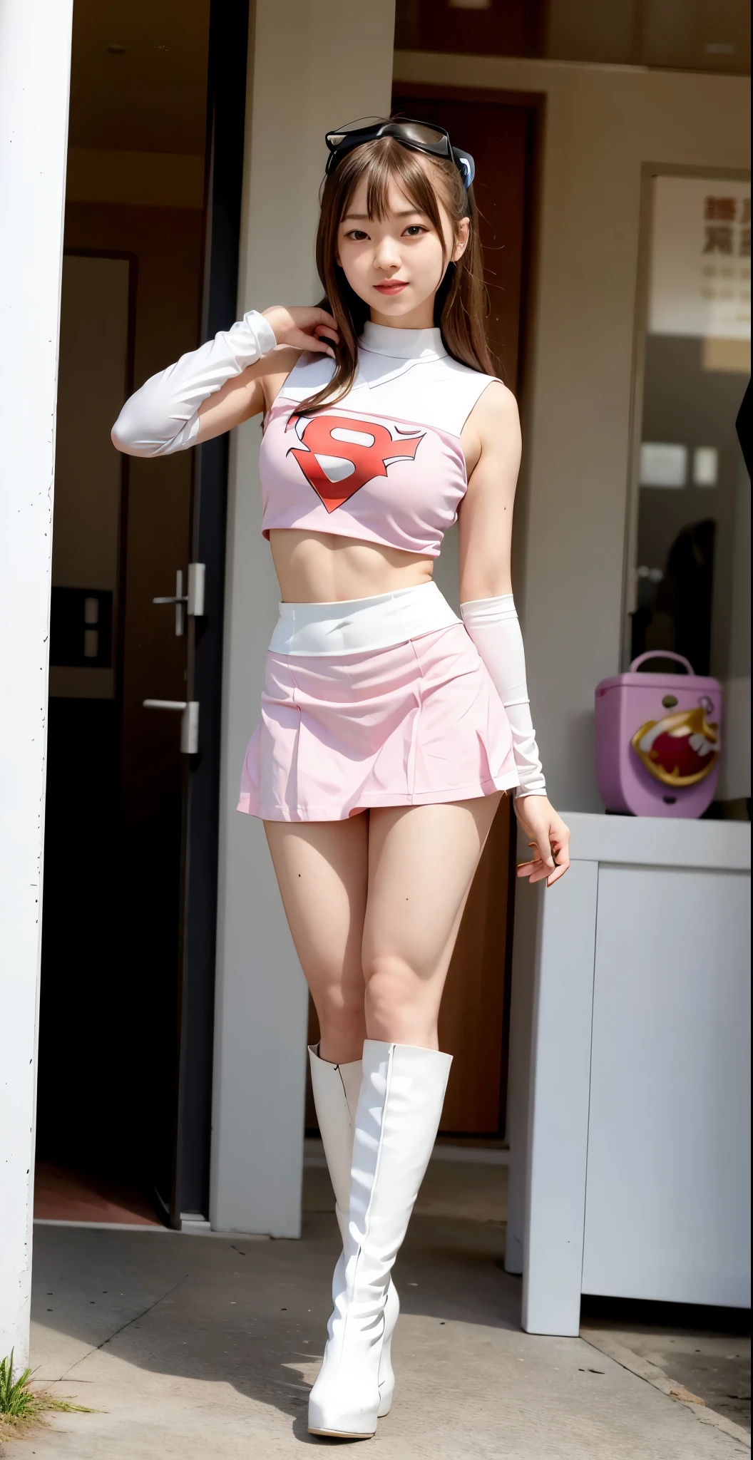 best image quality、real image、realistic、raw photo、18-year-old美少女、ポニーテールBeautiful woman、beautiful sister、A woman wearing a pink dress and cloak is standing in front of a building。, 18-year-oldの女の子,Jun the Swan、knee high boots science ninja、white panties、Beautiful woman、 As a retro-futuristic heroine, 18-year-old、As a retro-futuristic heroine, beautiful thighs、sheila, she - ra, anime female hero portrait, Portrait of a modern dharna, anime visual of super girl, super girl, official art, Dinah Drake, hironaka, Blowjob White Mecha Miniskirt
