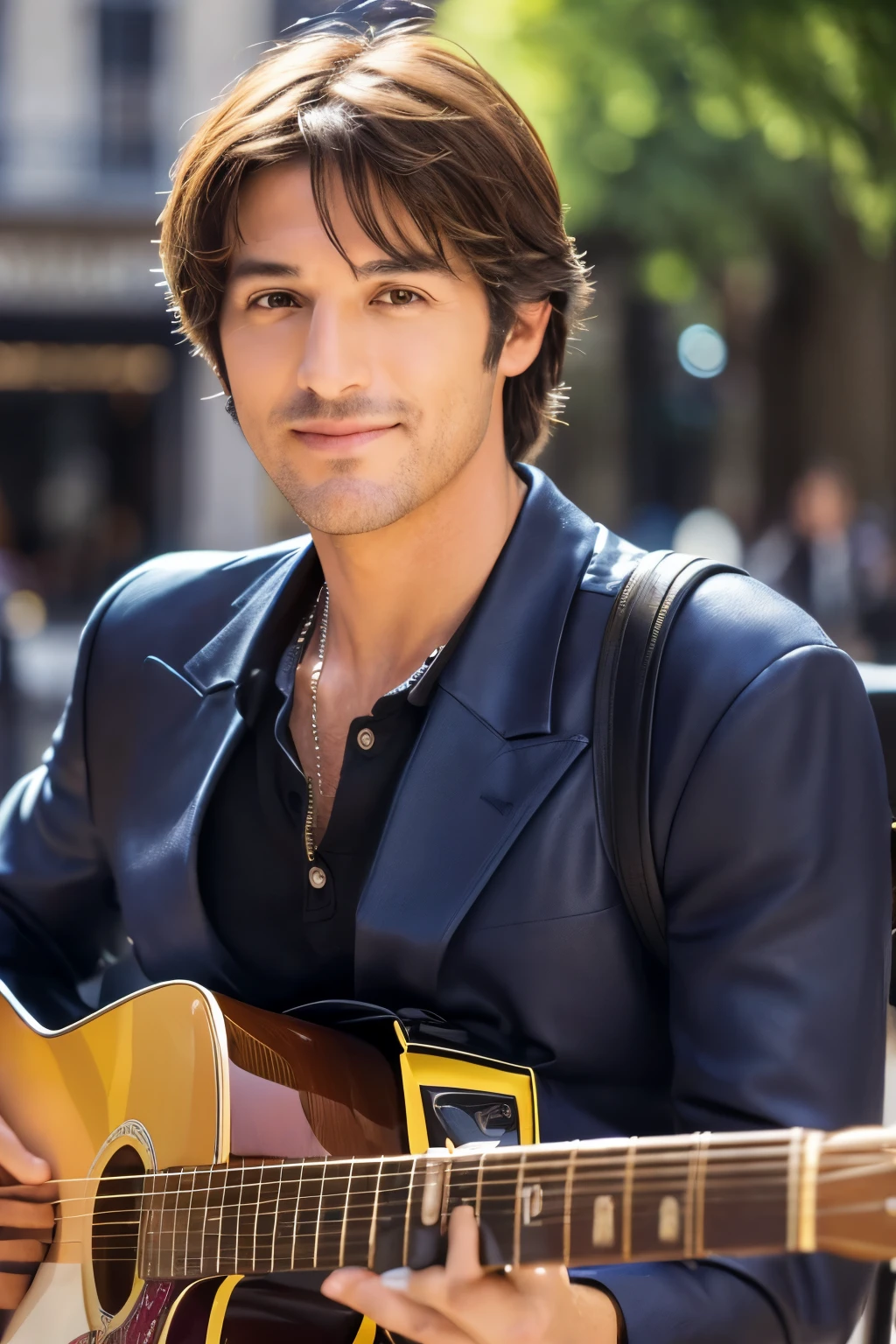 middle aged male、tv presenter. ((最high quality、masterpiece、realistic:1.4、In 8K))、well-groomed face、Eye and face details、Super detailed、high detail、high quality、High resolution、((looking at the viewer:1.3))、detailed mouth、sunlight、Paris city center、((playing the guitar:1.3))、((facing forward:1.3))
