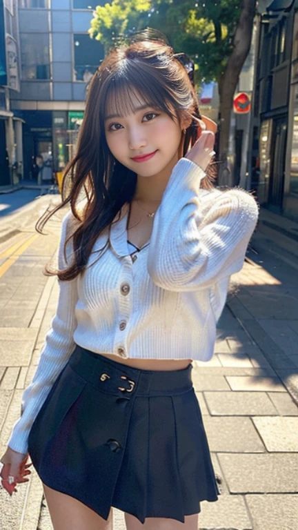 (highest quality,masterpiece:1.3,ultra high resolution,surreal),(Real like a photo,Super detailed,caustics,8K),(very detailed,realistic:1.4,RAW shooting),1 girl,(smile and look down at the camera),(front shot:1.1),(look forward),22 years old,Super cute,(bright personality),Japanese,glamorous,(small tits),(close),(chest focus),street,sunlight,Natural light,(Backlight),(A bright light shines from behind),(Lens flare),professional writing,(cowboy shot),(mini skirt),(winter fashion trends),(full body shot),(No makeup),(selfie)