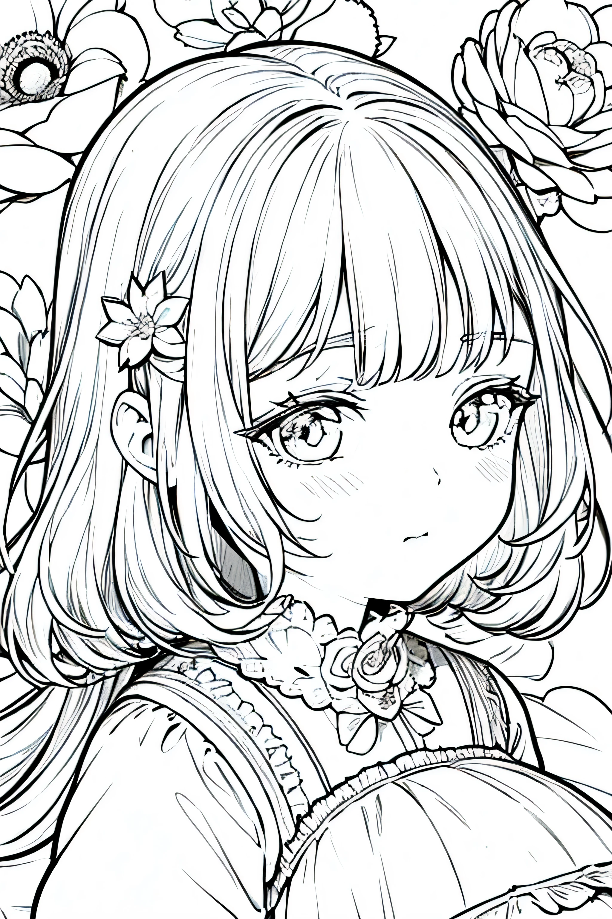 Detail face, ((Perfect details)), Cold light, ((Data in eyes)), ((Data embellishment hair)), Line drawing, Monochrome, Line drawing cute baby, white hair, flower line drawing background