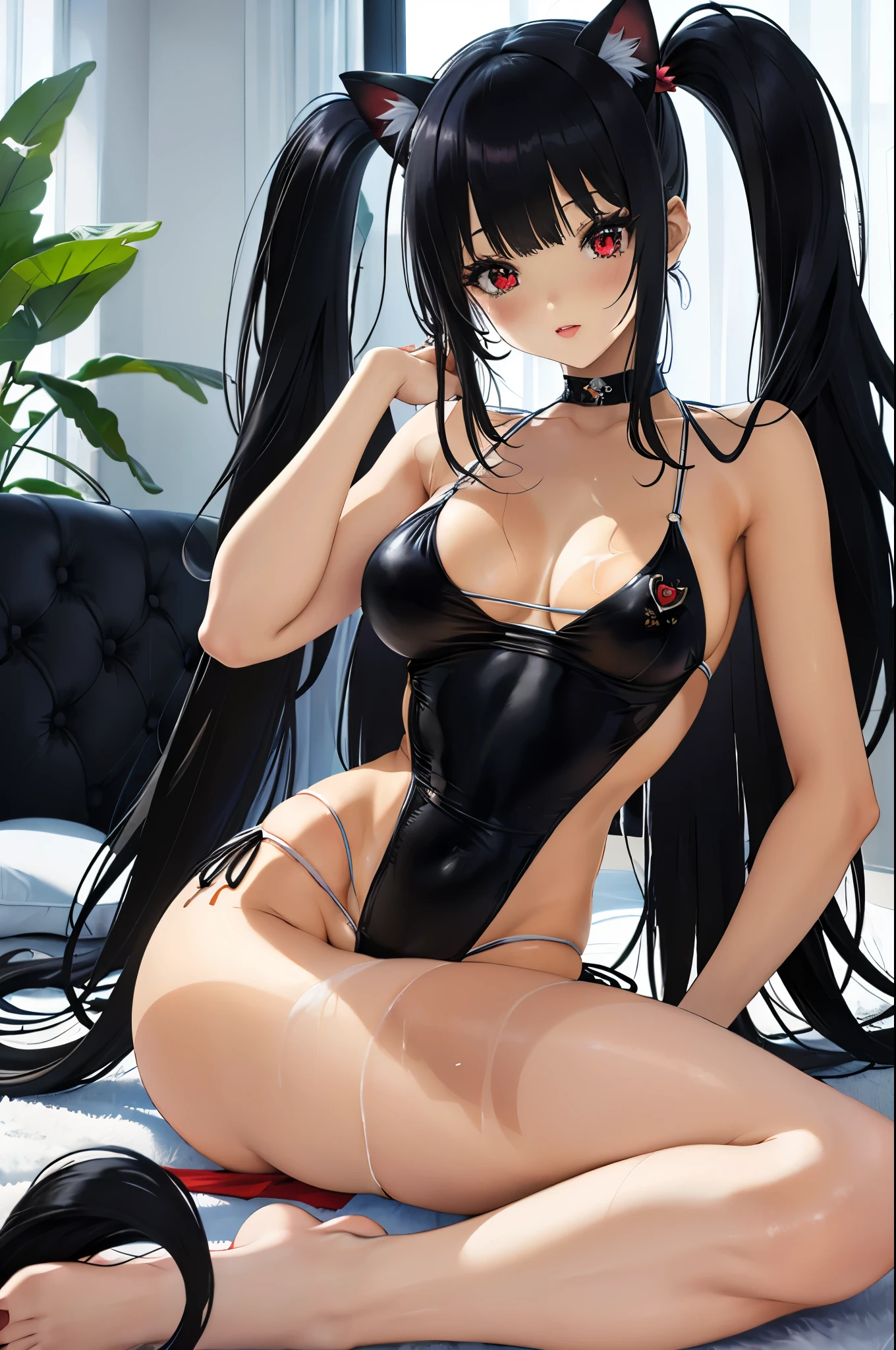 de primera calidad、Extremidades completas、dedos completos、1 mujer hermosa,((long hair with pigtails and a black fringe with cat ears, beautiful red eyes)),lunar debajo del ojo、、sudor、Belleza esbelta、pelo liso、By the chestnut、((Maillot de enfermera blanco、erectile nipples covereduy skinny))、escote、Gorro de enfermera rosa、pantimedias blancas、hospitales、Cuarto de hospital、en la cama del paciente、Used condom、Vulgaridad、spoken heart、(bikini tan:1.5)、