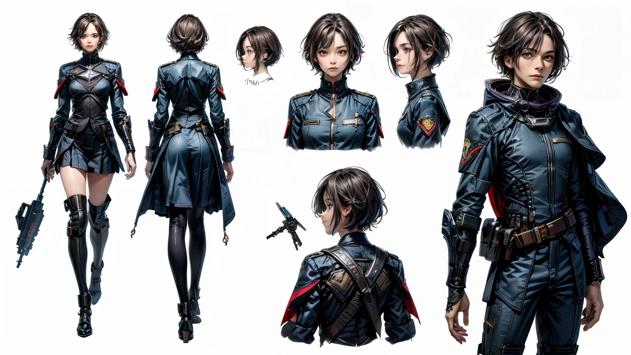 (Masterpiece, best quality), detailed, ((character concept art)), ((character design sheet, same character, front, side, back)), many items, (random gender, sci-fi uniform cloth, space traveler cloth, military cloth, many parts), (random skin color:1.35) , (detailed eyes), detailed face, random expressions, random physical form, random hair color,  random hair, random style haircut, full of details, (simple background, white background: 1.3)