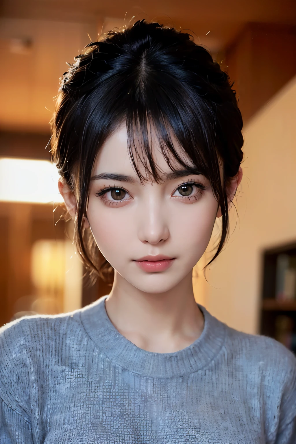 (masterpiece:1.3), (8K, lively, original photo, highest quality: 1.4), (1 girl), cute face, (realistic face), (black hair, short hair:1.3), beautiful hairstyle, realistic eyes, beautiful and delicate eyes, (lively皮肤), beautiful skin, (sweater), That&#39;s ridiculous, Charm, ultra high resolution, surreal, very detailed, golden ratio