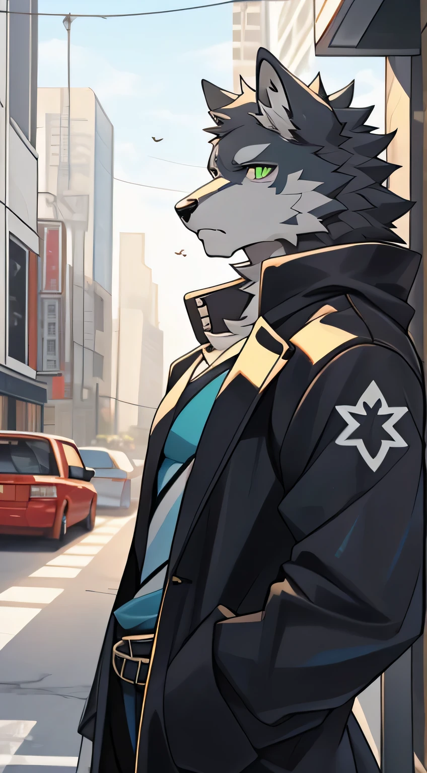 Gray wolf，City，green pupils，Handsome，have a better figure，Long black coat，Say hello by chance，Cai Xukun&#39;s，Serious expression