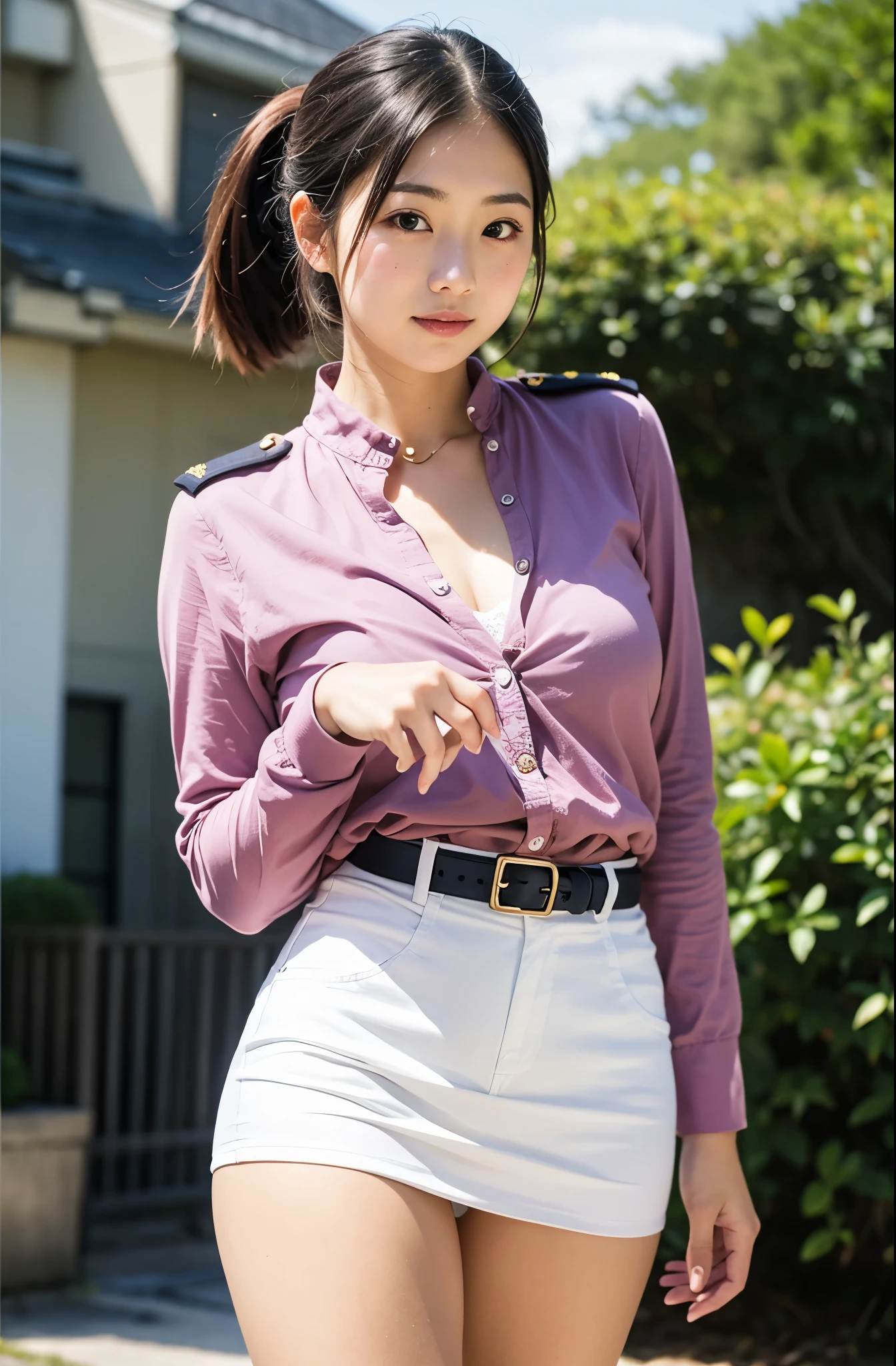 real photos、Highest im年 quality、realistic、Beautiful woman、beautiful thighs、beautiful face、real im years、federal army uniform miniskirt、ponytail、Yuriko Yoshitaka、 Japanese female、Zuo々Ki Nozomi:1.4、pretty girl、white pantiesが見える、16age、(white panties:1.3)、super mini skirt、beautiful thighs、white panties、ピンクのミニスカートがめくれてwhite pantiesが見えてる