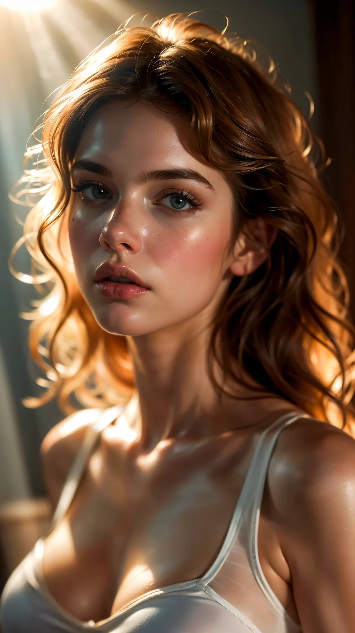 (((ultra realistic))) Photo, masterpiece, top quality, (pale skin), (Ultra detailed face and eyes:1.3), 1 girl, Adult, in a T-shirt, (Eye makeup, mascara) , ((large detailed lips)), ((ash wavy hair)), ((Chyolka)) , (Natural breasts), Slim waist. ((Posing)), photoshoot, studio (soft lighting), (The play of light and shadows), depth of field, bokeh, (special attention to skin detail: 1.2), Detailed leather texture, skin pores. (Airy atmosphere of the frame. Color range - delicate, Bright, white, Pink tones), UDR, ((Film grain)), ((rays)), ((glare of the sun)), ((waist up portrait, close to the camera)) , ultra detialed,
