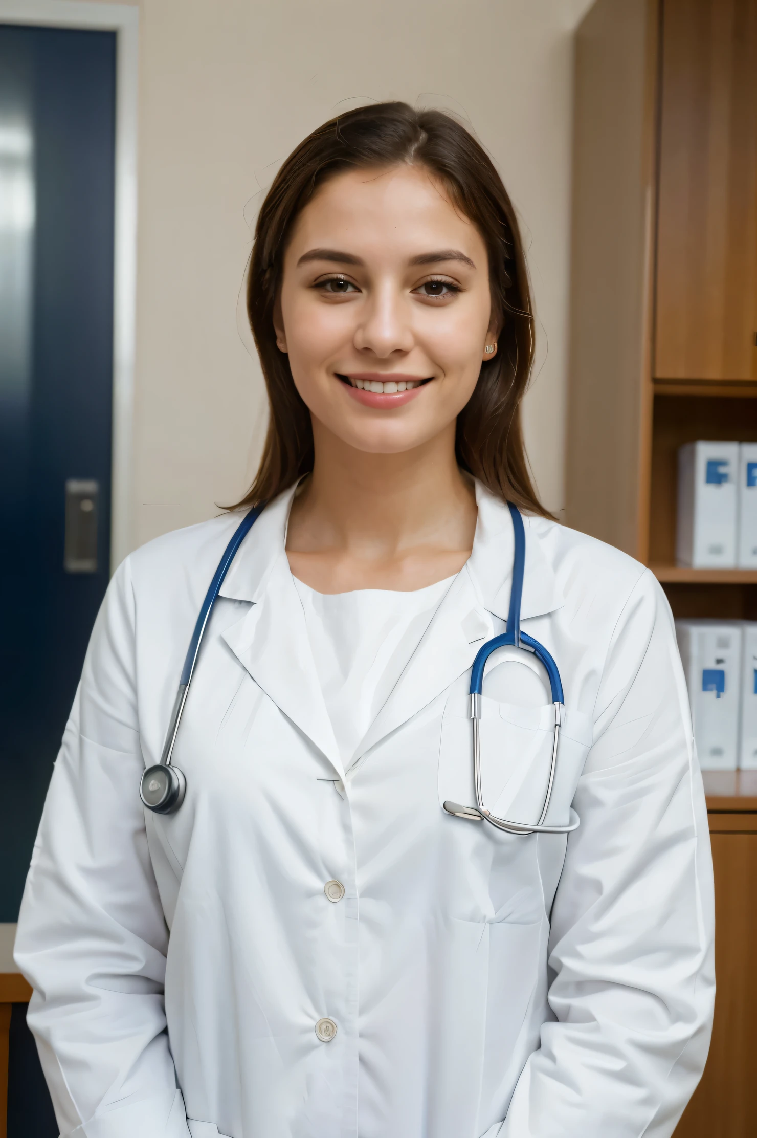 (best quality,4k,8k,highres,masterpiece:1.2),realistic,women in medicine,frontal portrait,white attire,detailed face,kind eyes,confident smile,caring expression,natural lighting,professional,hospital background,medical equipment,positive atmosphere