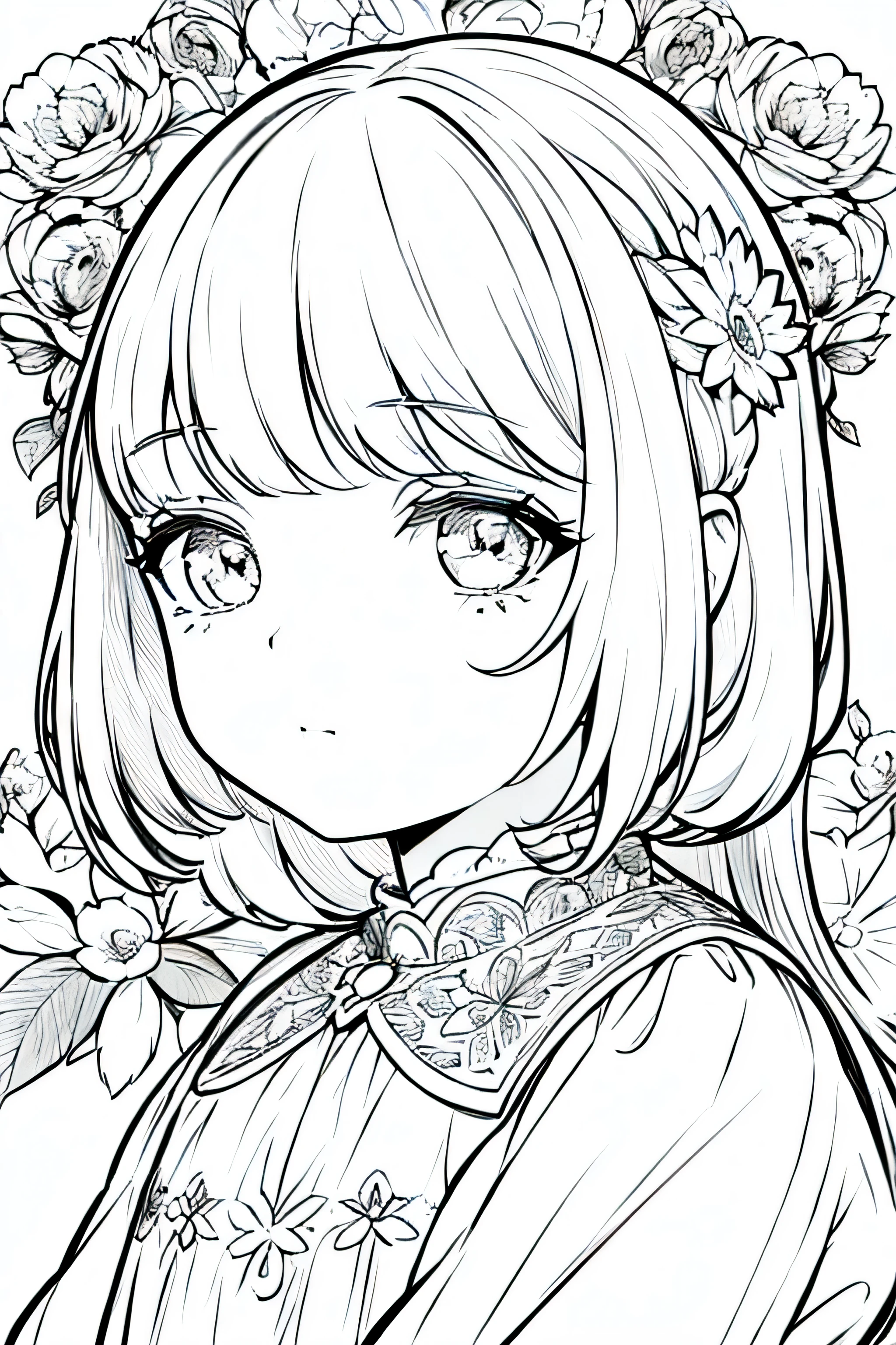 Detail face, ((Perfect details)), Cold light, ((Data in eyes)), ((Data embellishment hair)), Line drawing, Monochrome, Line drawing cute baby, white hair, flower line drawing background