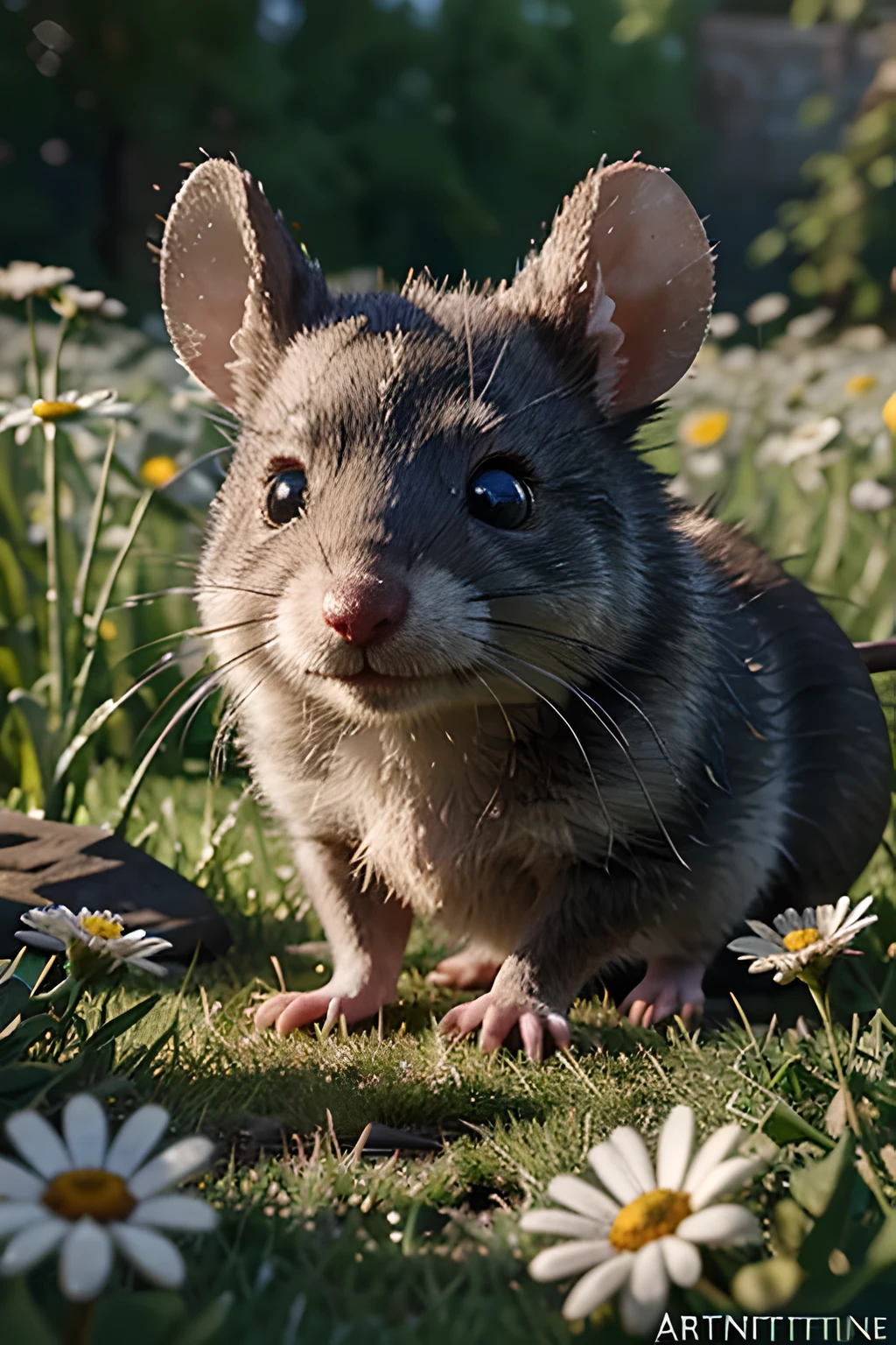 close-up of cute little rat, grey rat, light fur color, smiling, meadow, daisies, Small, Beautiful, Fantasy art, deviant art, trending artstation, Digital Art, Detailed, Realistic, character, tiny, Cinematic shot, cinematic portrait of a mole, cute character, looks like a rat, sparkle