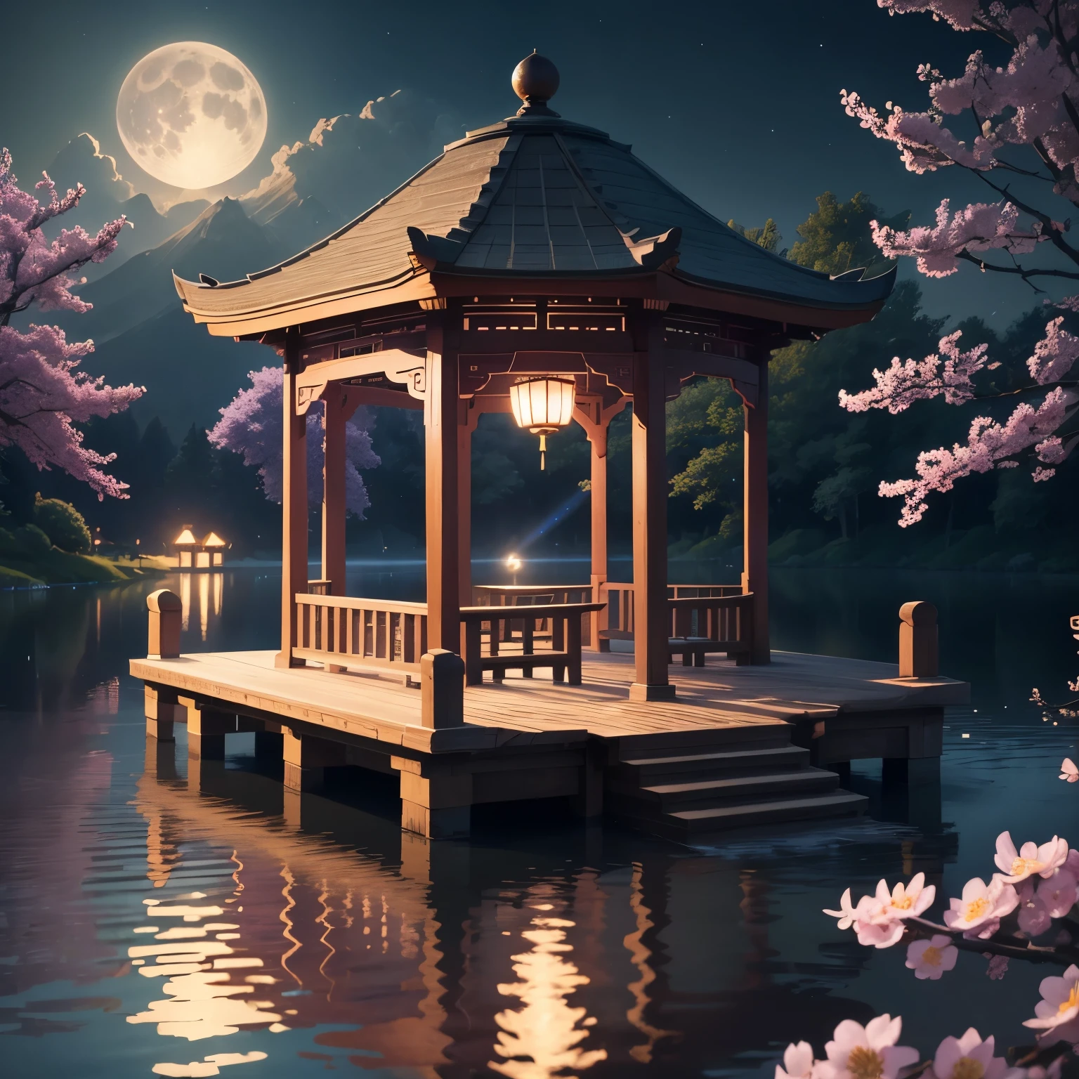 gazebo on the lake，shining water surface，night，Huge moon background，purple tone，Paper engraving x1.5，tilt shift，Cloud x1.3，Plum blossom x1.2，soft lighting，oriental elements，dream-like，pastel colour，bright colors，traditional chinese color scheme，reasonable design，clear lines，High sharpness，highest quality，very detailed，masterpiece，official art，movie light effects，4k