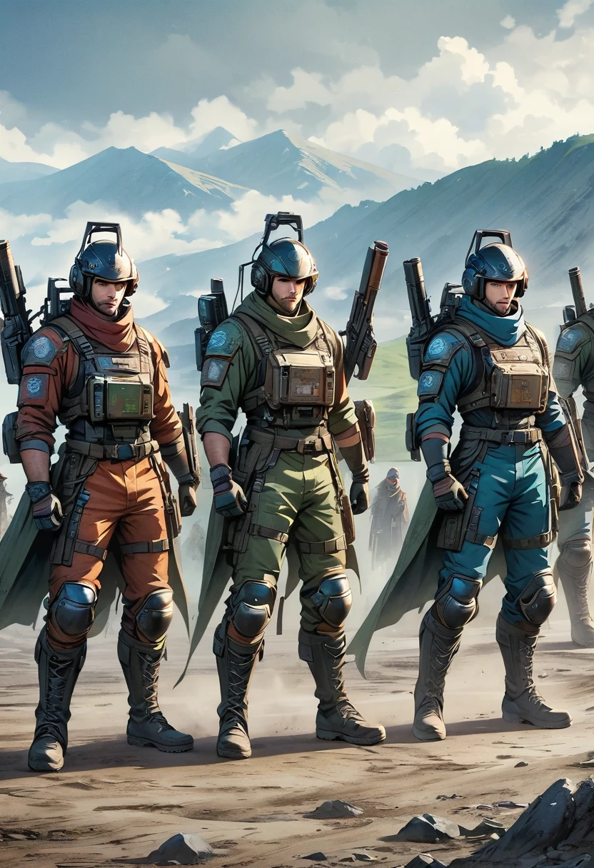 There are four men in helmets standing in a row, Cyber Steampunk 8K 3D, television screenshot, fifth series, photo, Anthropomorphic machine, standing in wasteland, wales, Publicity photos