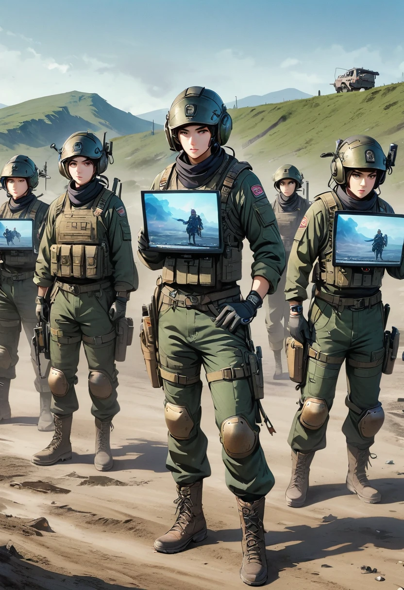 There are four men in helmets standing in a row, Cyber Steampunk 8K 3D, television screenshot, fifth series, photo, Anthropomorphic machine, standing in wasteland, wales, Publicity photos