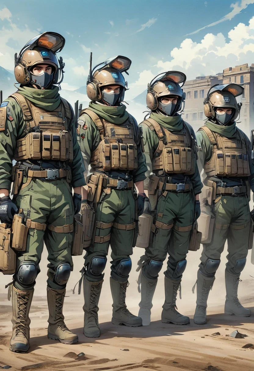 There are four men in helmets standing in a row, Cyber Steampunk 8K 3D, television screenshot, fifth series, photo, Anthropomorphic machine, standing in wasteland, wales, Publicity photos
