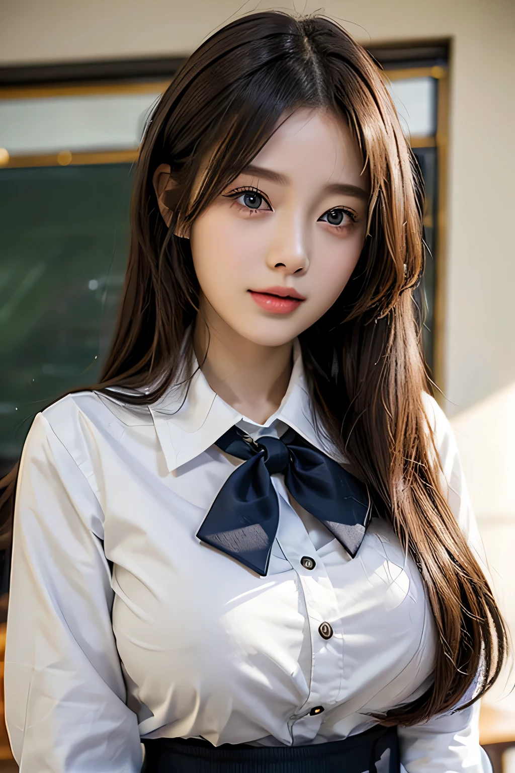 1 girl,beautiful and fine eyes,cute,professional lighting,highest quality, Beauty, (school uniform:1.5), indoor, long hair, (big breasts:1.5), well-groomed face