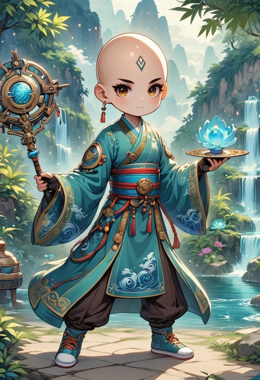 ((imagine)),((whole body)),(bald:1.5),((Aang)),《Avatar the last airbender anime》, Wearing luxurious robes,Robot arms and legs,Standing by the lake,White sockechanical ceramic shoes ,in the style of futuristic,cyberpunk,high detail