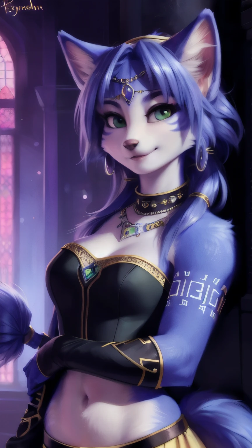 A beautiful and detailed (sweet portrait) von ((Kristal)), Sternenfuchs Kristal, Schlank, liebenswert, green eyes, medium breasts, (((Lange blaue Haare 1.3))), ((schwarze haarspitzen)), Dekollete, Grinsen, hoch schauen,, anthro, Pelzig, Hochgeladen E621, detailed flauschige fur, (von Fluff-Kevlar, Bayard Wu, Personalami, Pino Daeni), detailliertes Gesicht, (flauschige), 1 girl, Allein, wears a uniform , befindet sich in einer schule
