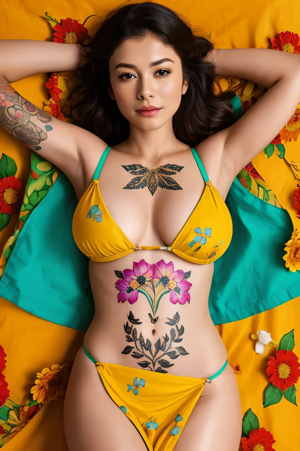 portrait,woman, flower dress, colorful, daal background,flower armor, excellent anatomy, 最high quality, (((masterpiece))), high quality, realist, most detailed, detailed, realist skin, skin detailed, underboob, tattoo,art, Hide your nipples with flower tattoos,