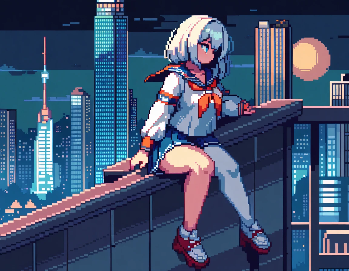 1girl,solo,original , on roof, sailor clothes,skyscraper,night city,science fiction ,pixel art style,intricate details,perfect anatomy,aesthetic, best quality