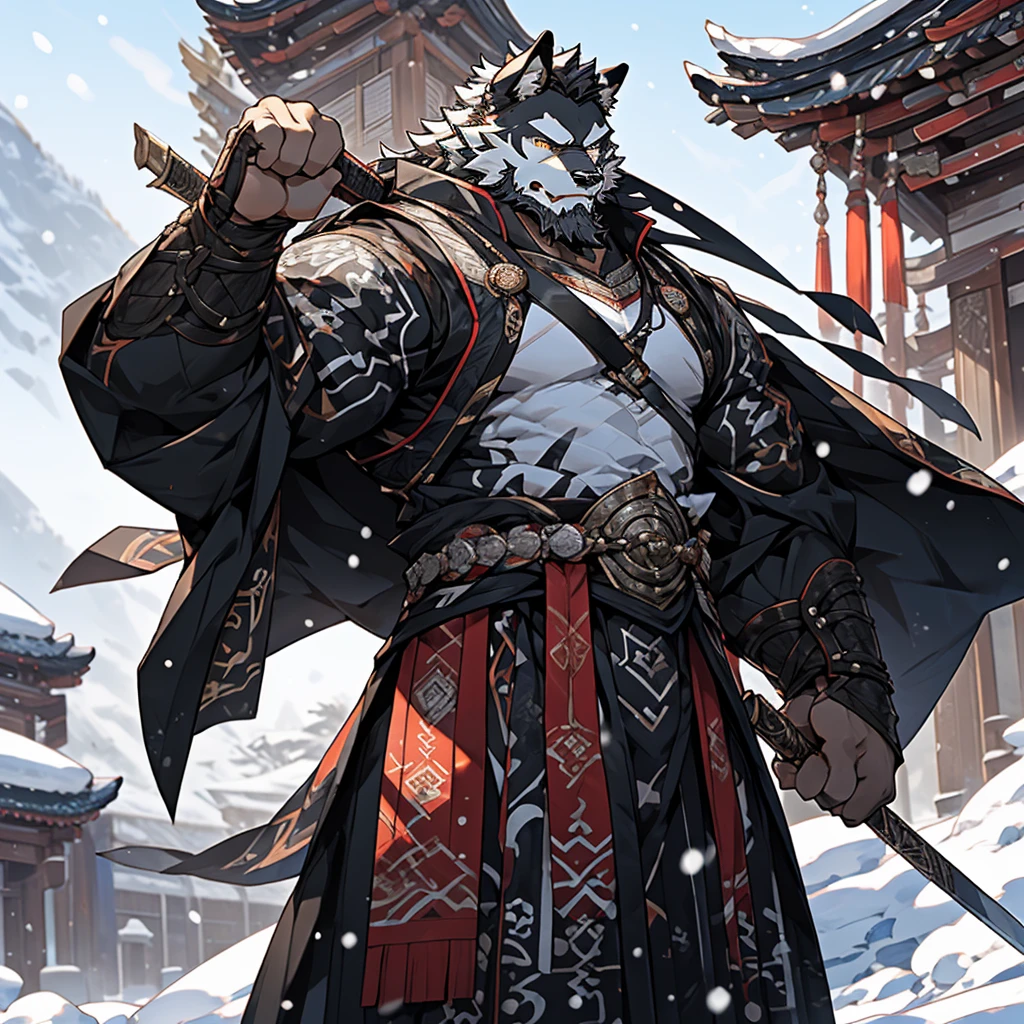 白色皮肤werewolf),(黑白阴阳General战袍),Holding a long sword,strong posture,stand calmly,(The background is a city covered in ice and snow:1.2),abdominal muscles,heroic posture飒爽,完美的masterpiece,Various facial details,distance perspective,specific description,masterpiece,CG,(golden eyes),black and white pattern,Crimson tail,General,heroic posture,werewolf,black and white fur,Specific facial details,Half body,(黑白阴阳General战履),(Chang Ling),((middle aged)),(Face focus),(16K),HD,black and white belly,temple,beard,(Face line),different students,(Black and white yin and yang shirt),(black and white hair),Strong,muscle,(High resolution:1.3),(Standing in front of a city covered in ice and snow),(close up),(Detailed face:1.5),Perfect details,(Half body),(Detailed depiction of face:1.5),(Zoom in on face:1.5),(白色Face line:1.2),(黑色beard:1.3),(white face;1.6),white body