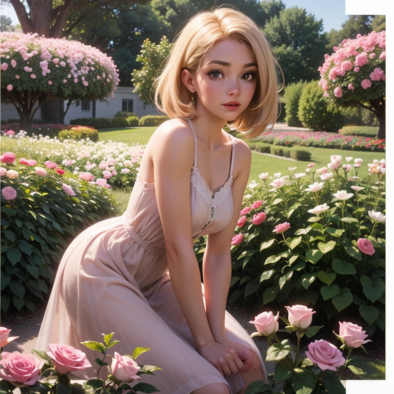 8k, RAW photo, Fujifilm, style photo of a beautiful young woman as avril in a garden of light pink roses (highly detailed skin: 1.2) Style-Petal BREAK short hair, blonde hair with colored locks, wearing a sheer sundress, film granulation, 35mm, cute style