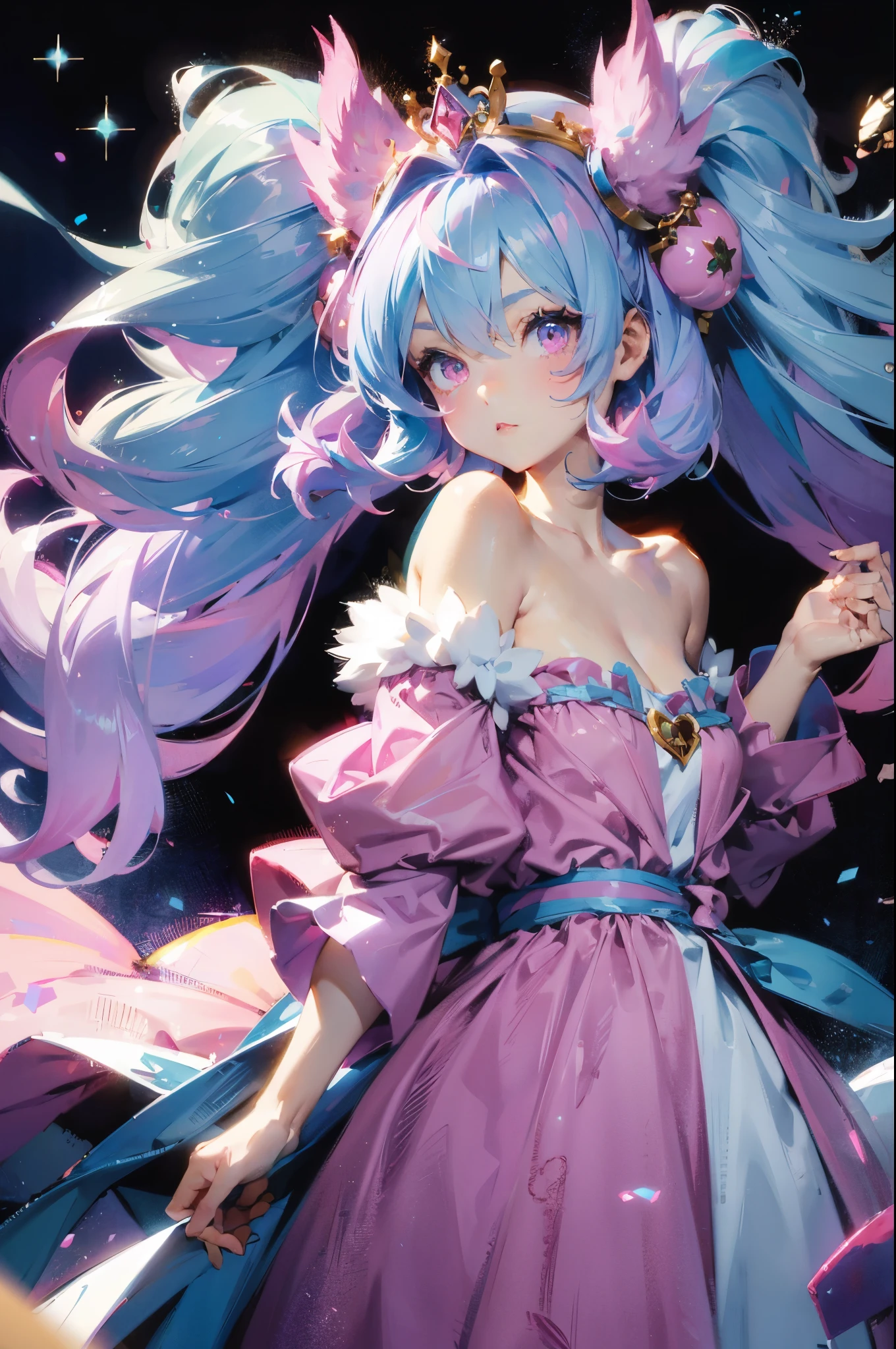 pink princess, (powder blue hair), ((big hair)), double eyelids, Slender figure, Cute expression, Perfect skin, (fluffy), pink eyes, (fluffy Particles:1.2), (cute clothes), (National Science Foundation:1.1)