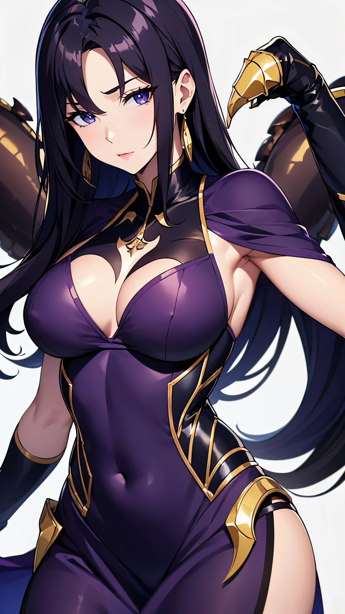 ((8K resolution))、((highest quality))、((masterpiece))、((Super detailed))((((dramatic))), (anatomically correct)、Depth of object being written、look at the camera、one person、one personのJK、front、black hair、long twin drill、stir up、gold earrings、purple eyes、half closed eyes / Bad mood 、Scorpion tattoo、(theme、whole body:1.1), gold and purple dress、scorpion scissors、Scorpion tail、white background