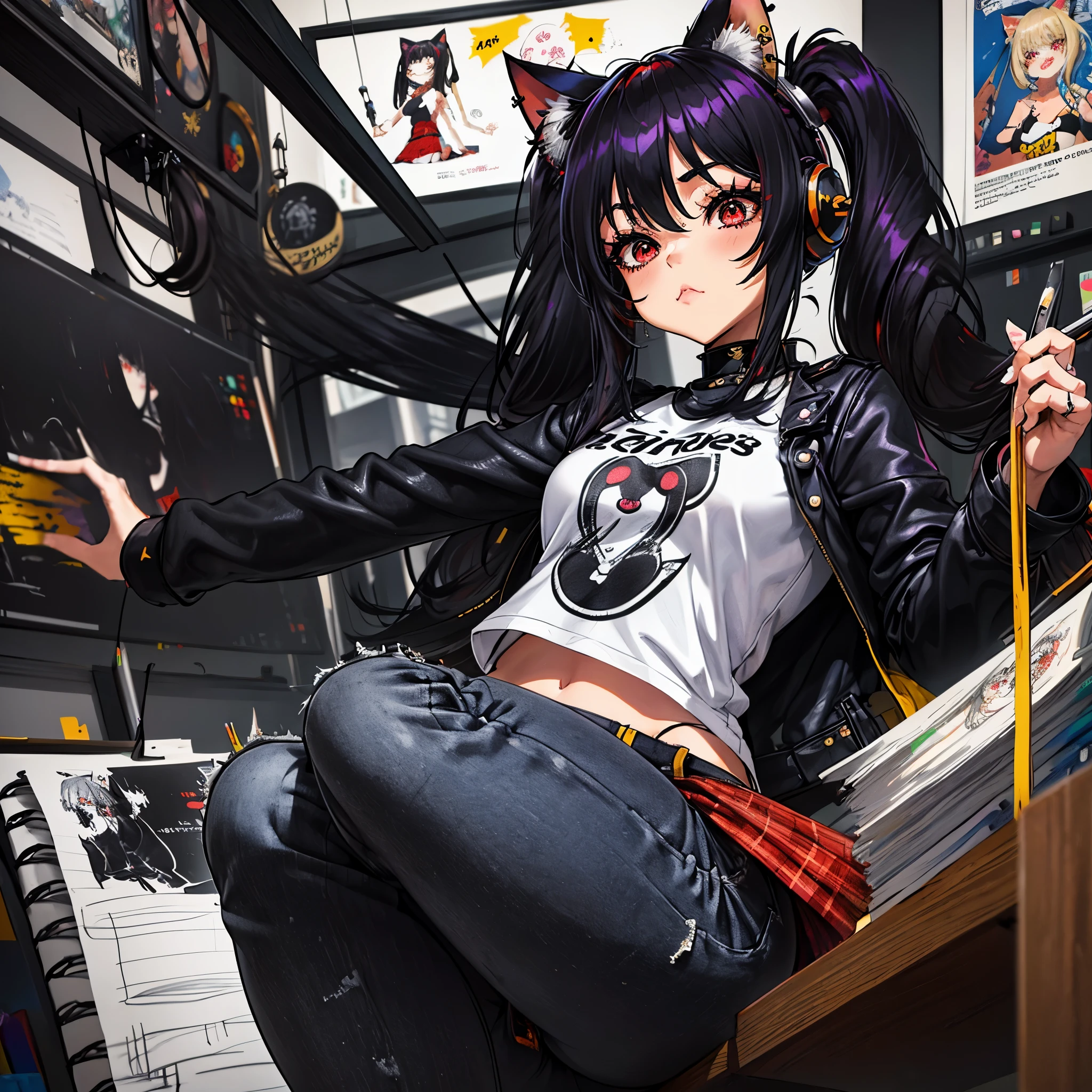 Una chica artista hermosa y sexy., ,((long hair with pigtails and a black fringe with cat ears, beautiful red eyes)), using headphones, una camiseta con capucha y jeans ajustados rotos, enorme gigantesco , escote mostrando, toneladas de tatuajes y piercings, sentada en su mesa de dibujo, drawing a very detailed pencil sketch of a superhero on his sketchpad, in an art studio, Fondo muy detallado, OBRA MAESTRA PERFECTA, alta calidad, high resolution