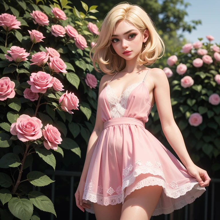 8k, RAW photo, Fujifilm, style photo of a beautiful young woman as avril in a garden of light pink roses (highly detailed skin: 1.2) Style-Petal BREAK short hair, blonde hair with colored locks, wearing a sheer sundress, film granulation, 35mm, cute style