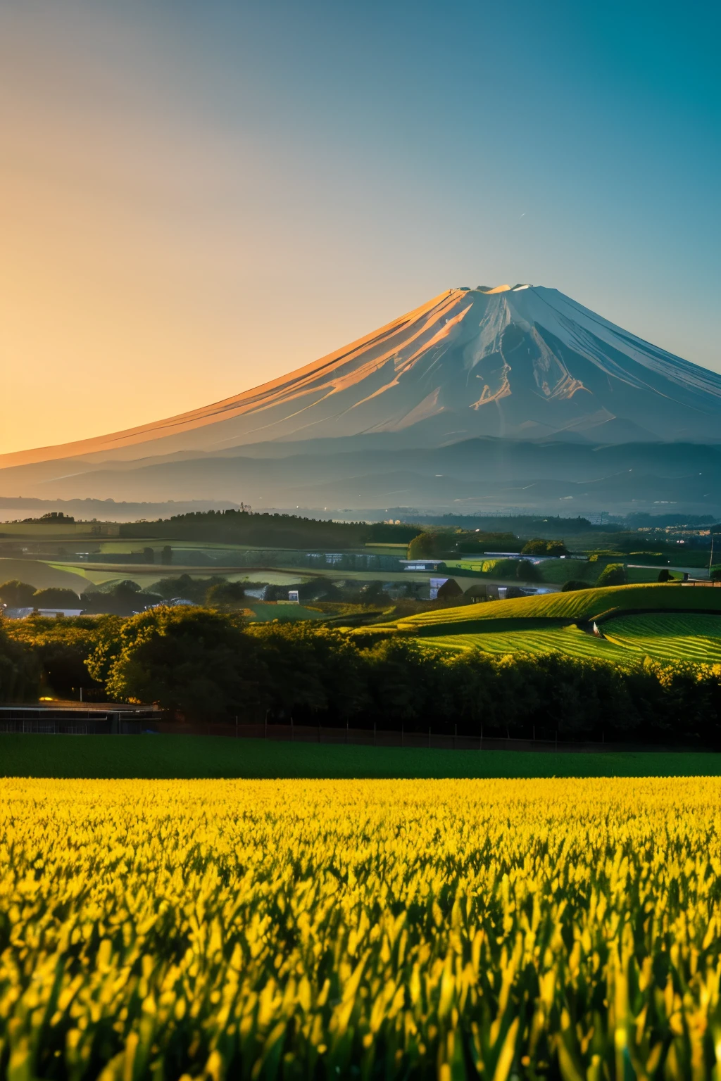 a photo of beautiful mt.FUJI, golden hour, SIGMA 85 mm F/1.4, 1/1000 sec shutter, ISO 400, award-winning,Paddy field