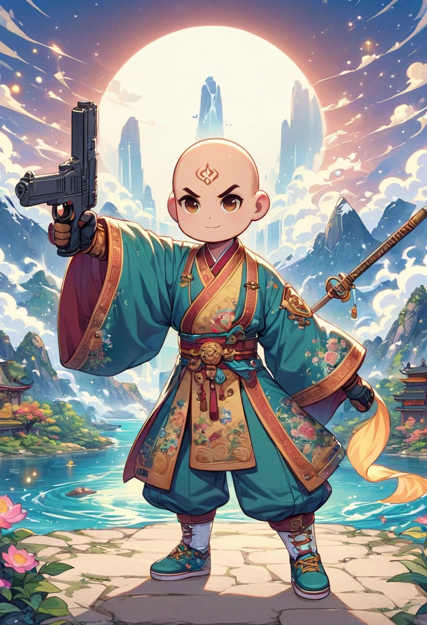((imagine)),((whole body)),(bald:1.5),((Aang)),《Avatar the last airbender anime》, standing_split,Wearing luxurious robes,Robot arms and legs,Standing by the lake,White sockechanical ceramic shoes ,Holding a gun with one hand,Aim at you,anatomically correct, ccurate,in the style of futuristic,cyberpunk,high detail