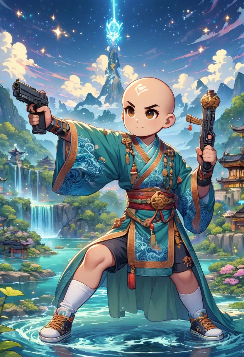 ((imagine)),((whole body)),(bald:1.5),((Aang)),《Avatar the last airbender anime》, standing_split,Wearing luxurious robes,Robot arms and legs,Standing by the lake,White sockechanical ceramic shoes ,Holding a gun with one hand,Aim at you,anatomically correct, ccurate,in the style of futuristic,cyberpunk,high detail