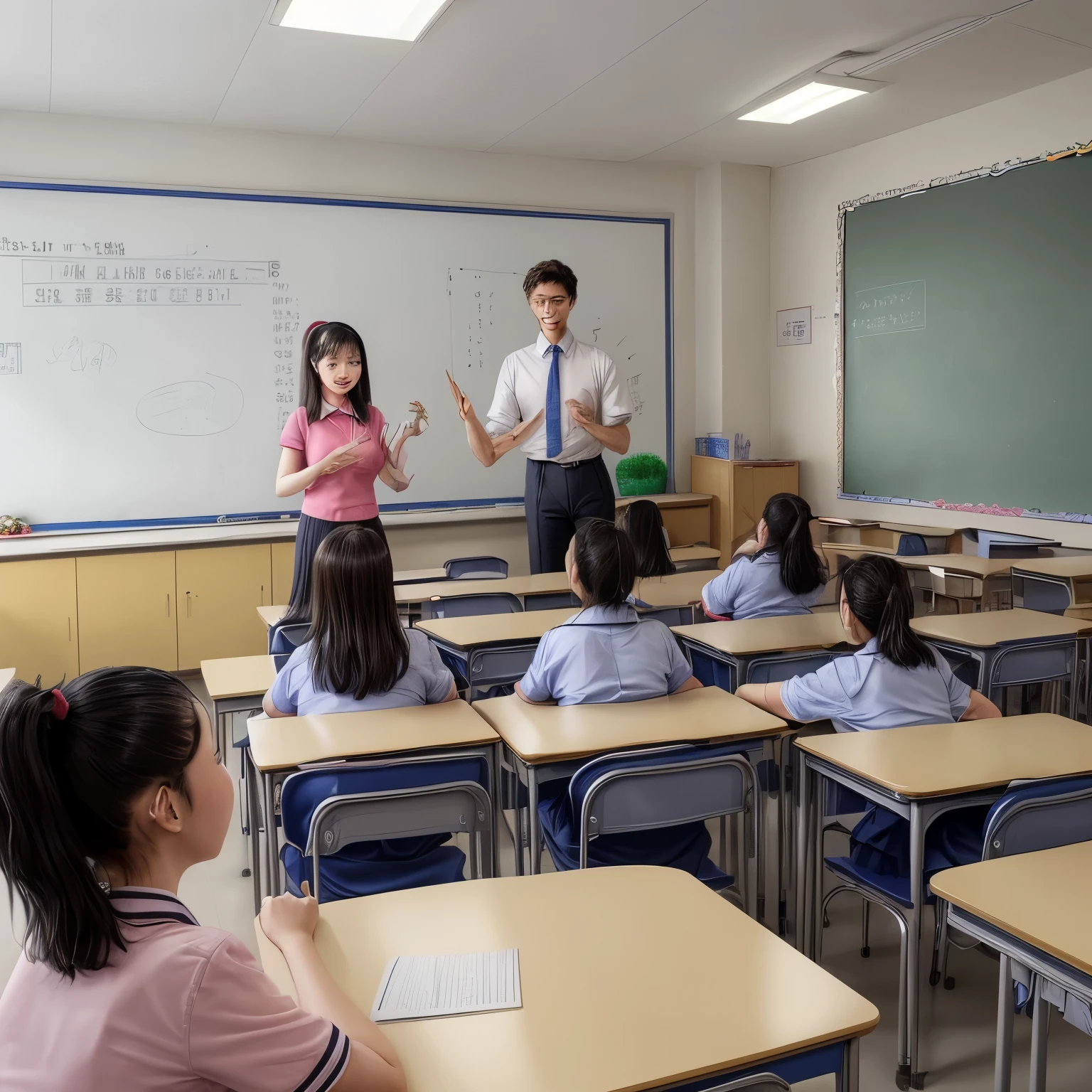 Help me draw a  English speaking classroom scene，Now we need a virtual foreign teacher，Teach students correct pronunciation，Can reflect the interaction between teachers and students。
